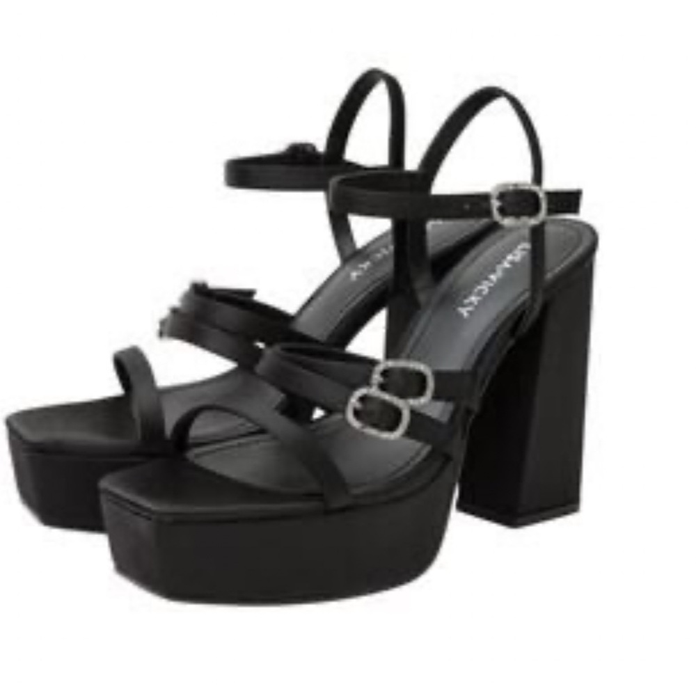 Lisa Vicky Babe-V Heels 9.5 Black Satin Strappy Platform Sandals Chunky Heel NIB